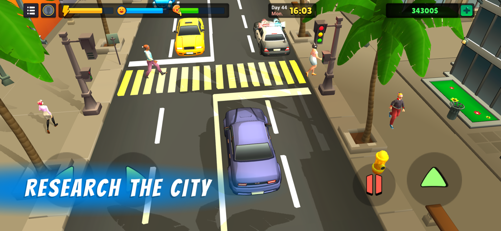 L.A. Story - Life Simulator - Top down view of a car driving through city streets in LA Story Life Simulator