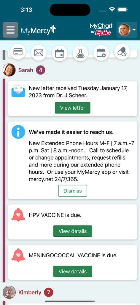 MyMercy mobile app screen displaying health reminders for vaccinations and family member notifications.