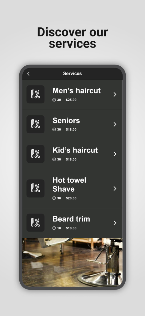 The Cut Barbershop - A menu of grooming services in the app featuring haircuts, beard trims, and hot towel shaves with prices and durations.