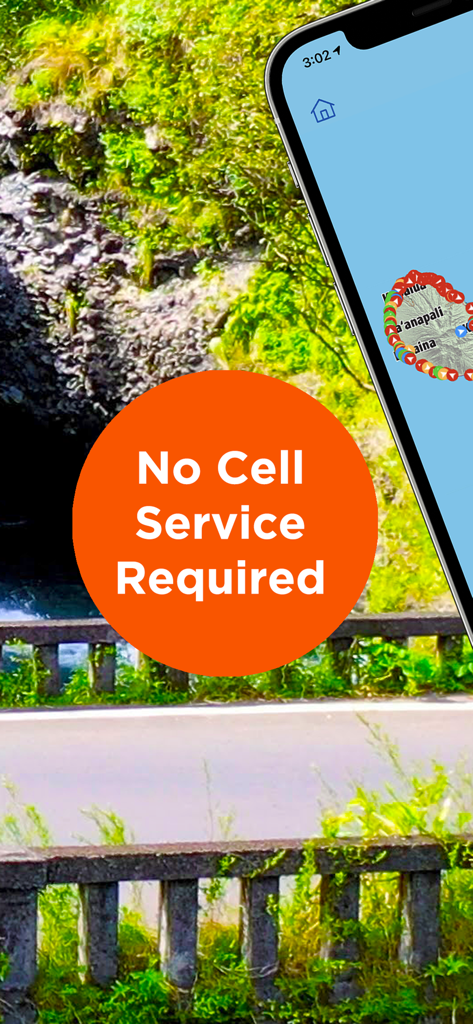 Maui Revealed app interface showing a map and a No Cell Service Required message