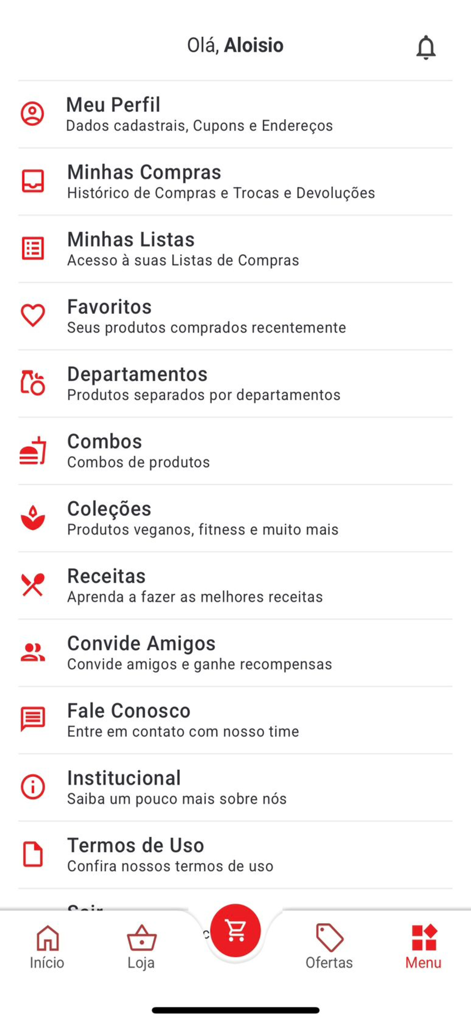 Stok Online - Main navigation menu of the Stok Online app showing shopping lists and user profile options