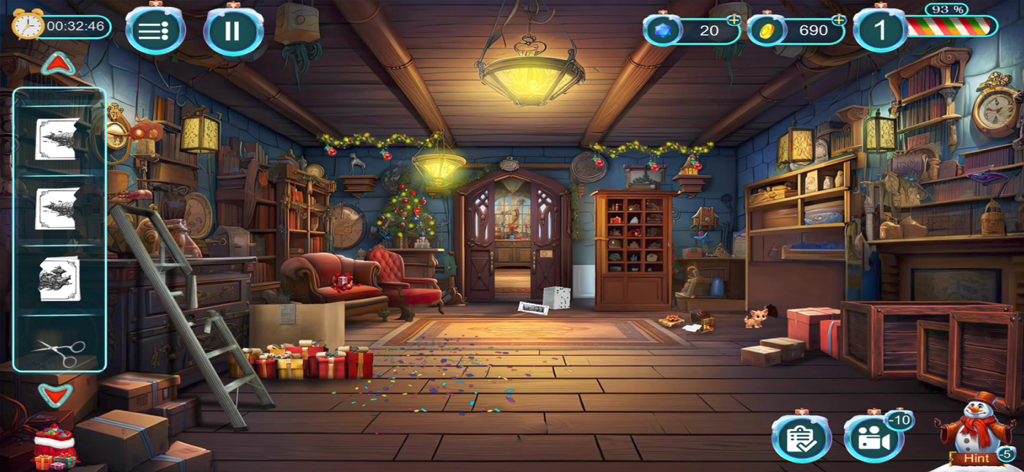 A cozy festive room with a Christmas tree and puzzles in the game Frosty World