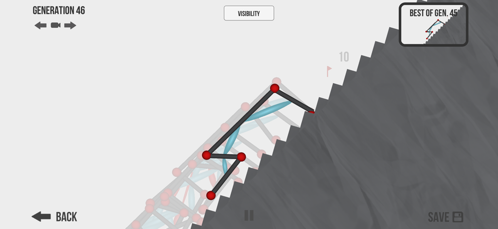 A neural network-controlled creature learning to climb a jagged slope in the Evolution app.