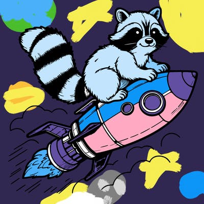 realistic raccoon flying on top rocket ship