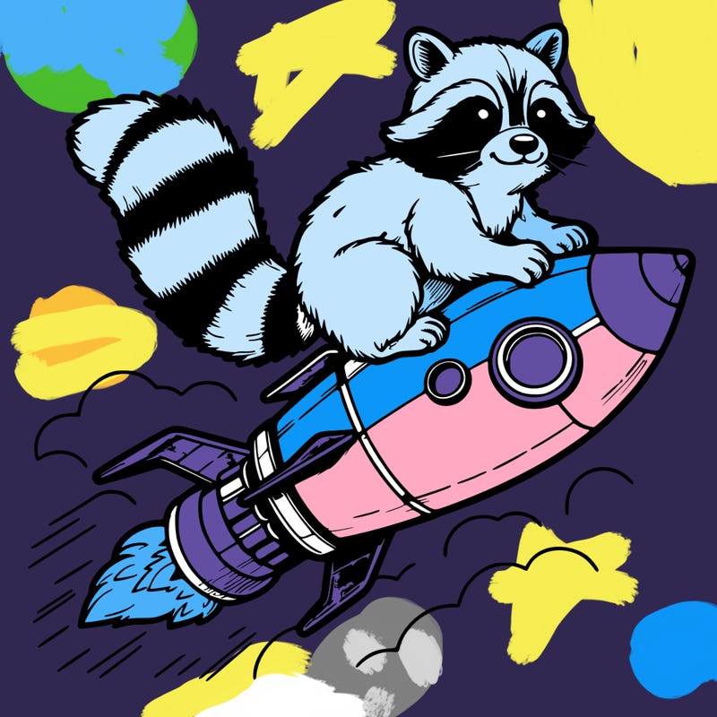 realistic raccoon flying on top rocket ship