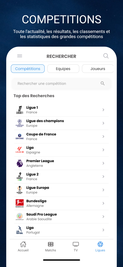 Made in FOOT - Écran de l'application Made in FOOT listant les principales compétitions et ligues de football comme la Ligue 1 et la Ligue des Champions.