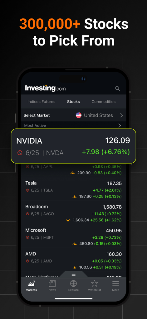 Investing.com: Stock Market - Investing.com mobile app screen showing a list of global stock prices and real time market data