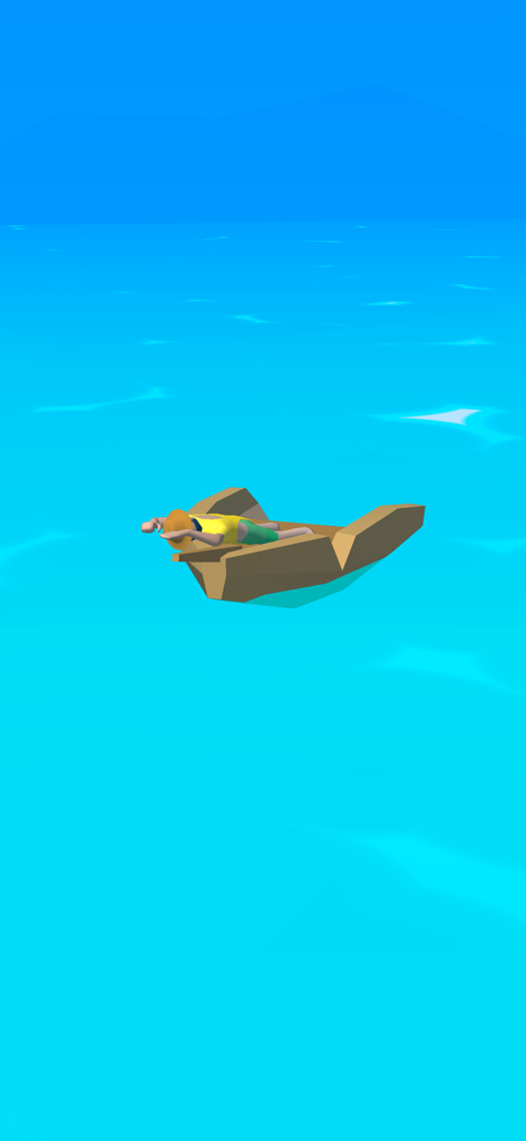 Survival Island - Build a City - オープンシーの真ん中にある小さな木製いかだの上に横たわる黄色いシャツを着たキャラクター。