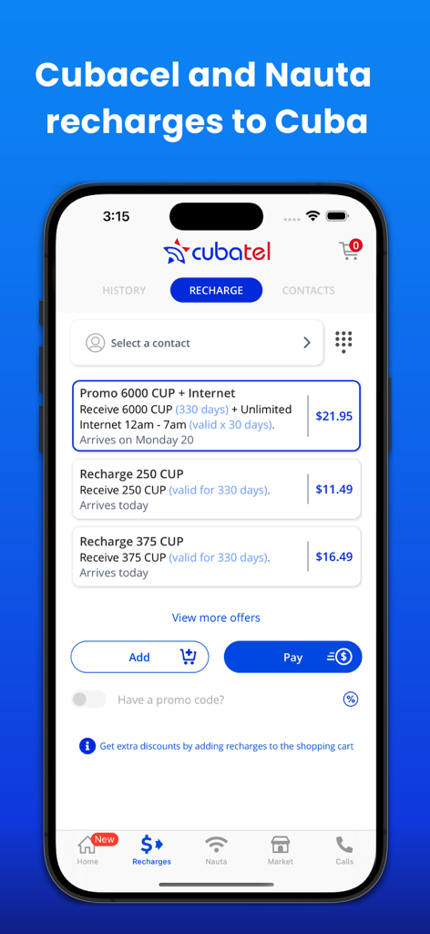 Cubatel mobile app interface showing various Cubacel and Nauta recharge options for Cuba