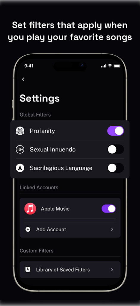 Verso: Clean Music AI - Versoアプリの設定インターフェース。不適切語や冒涜的な言葉に対するグローバルフィルターを表示します。