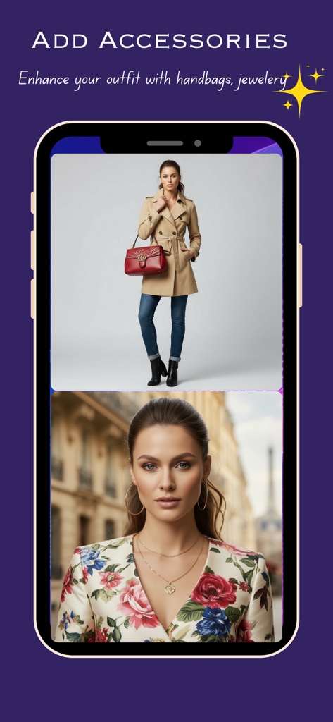 A mobile app screen titled Add Accessories showing a woman with a red handbag and another wearing gold jewelry