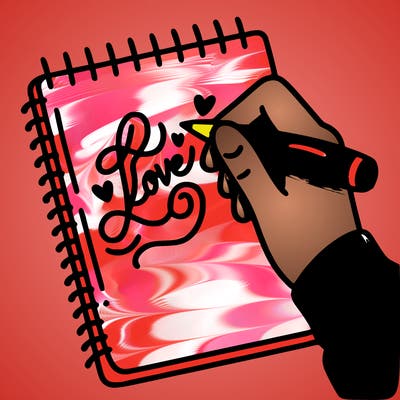 a hand writing “love” in calligraphy on a notebook