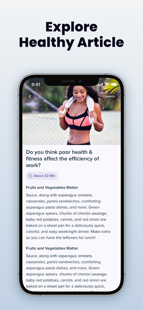 Health Partner: Heart Monitor - A smartphone displaying a health article titled Do you think poor health and fitness affect the efficiency of work in the Health Partner app