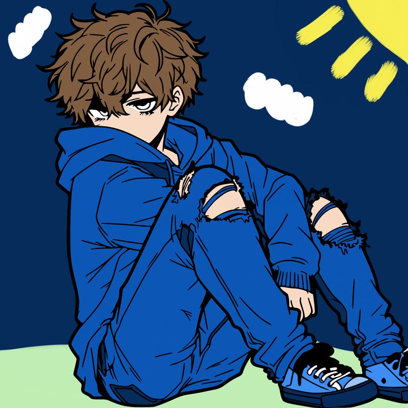 a male hoddie ripped jeans messy hair anime