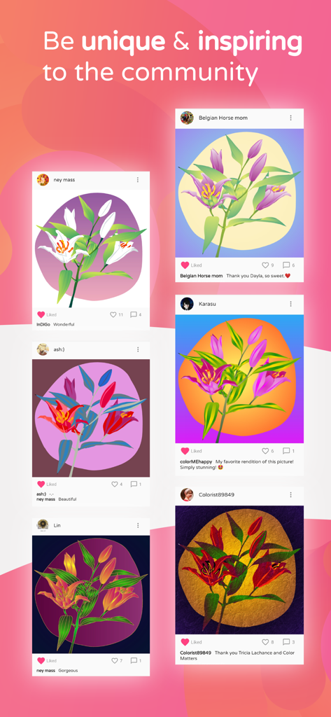 Color Matters app community feed with floral artworks shared by users