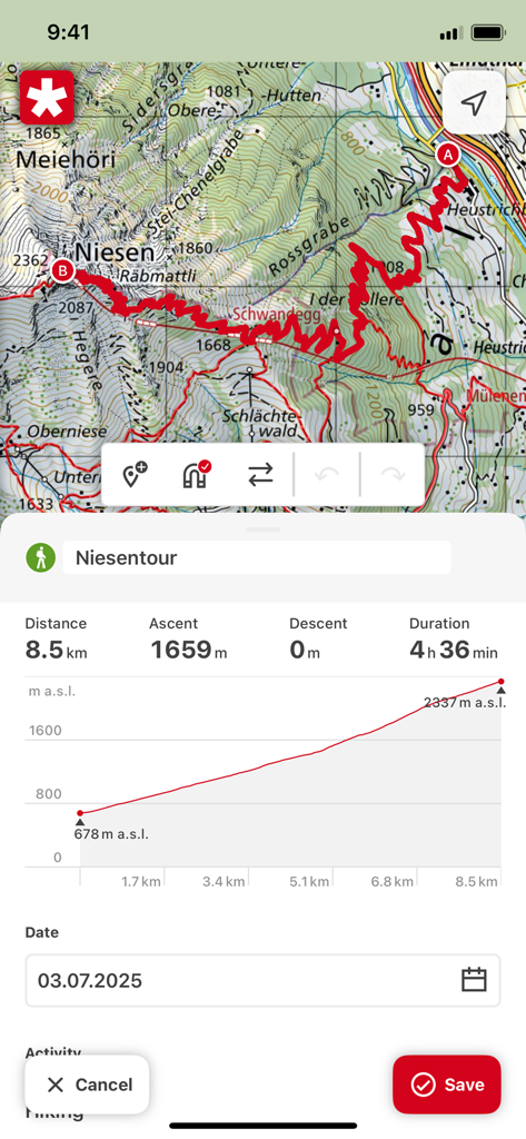 SwitzerlandMobility app showing a topographic hiking route map with elevation profile and tour details