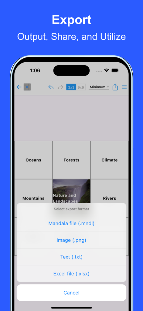 Mandala AI - Mandala AI App-Screenshot, der Exportoptionen wie Bild, Text und Excel-Formate für ein 3x3-Rasterdiagramm anzeigt