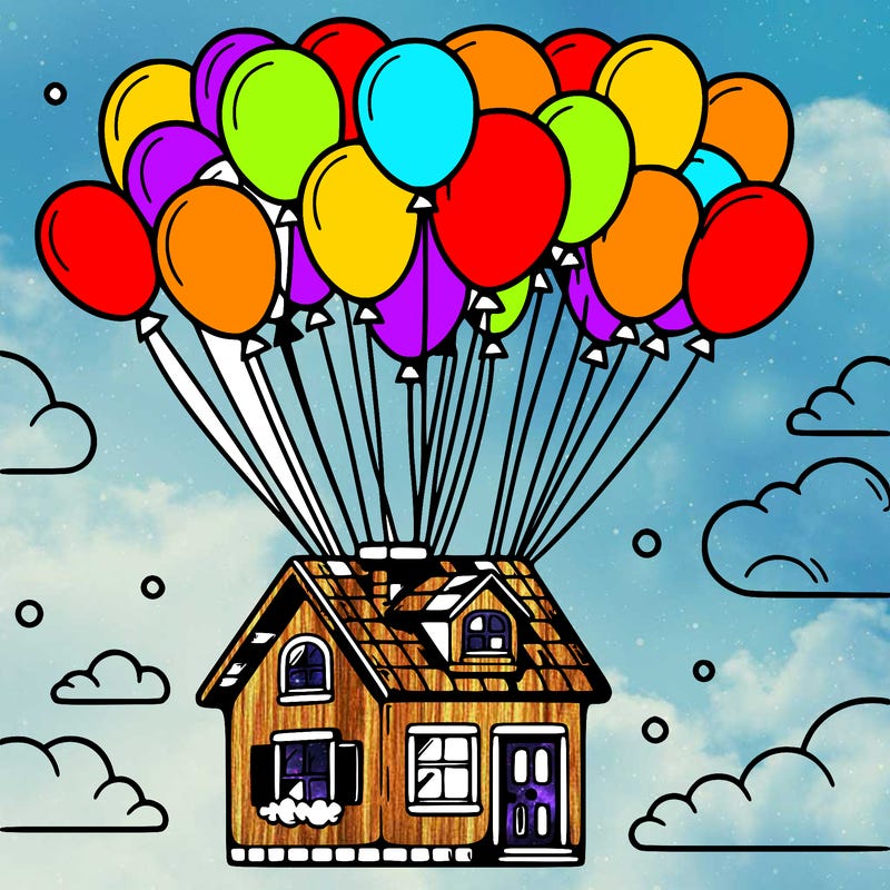 house floating from lots of balloons
