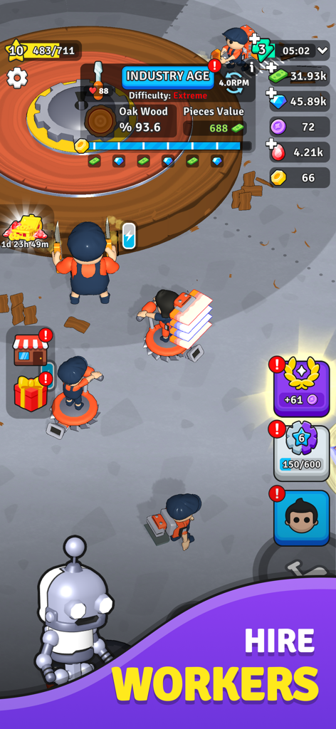 Carve Quest - Gameplay screenshot of Carve Quest showing workers carving wood in the Industry Age