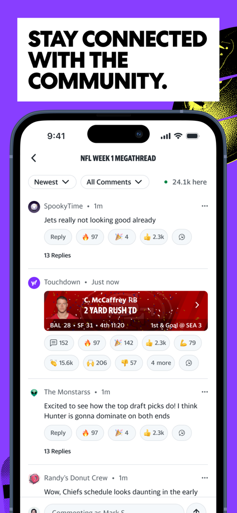 Yahoo Sportsアプリのインターフェースに、ライブユーザーコメントとコミュニティディスカッション付きのNFLメガスレッドが表示されています。