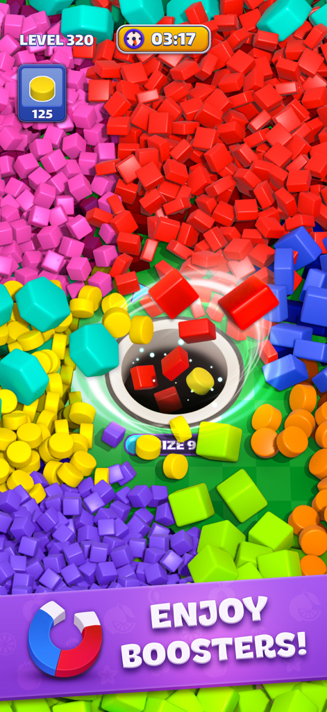 Black hole swallowing colorful tiles in Tiles In Hole game level 320 with a magnet booster