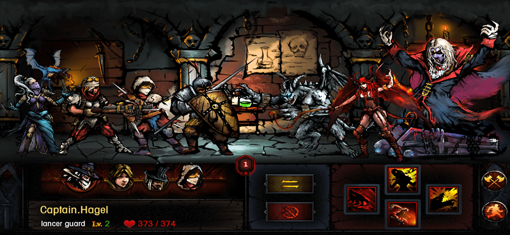 Dungeon Survival - Gameplay screenshot of Dungeon Survival showing a hero party in a turn based battle against monsters