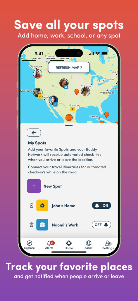 OZZI - Global Personal Safety - Die OZZI App-Oberfläche zeigt eine Karte mit gespeicherten Orten für automatisierte Sicherheits-Check-ins.