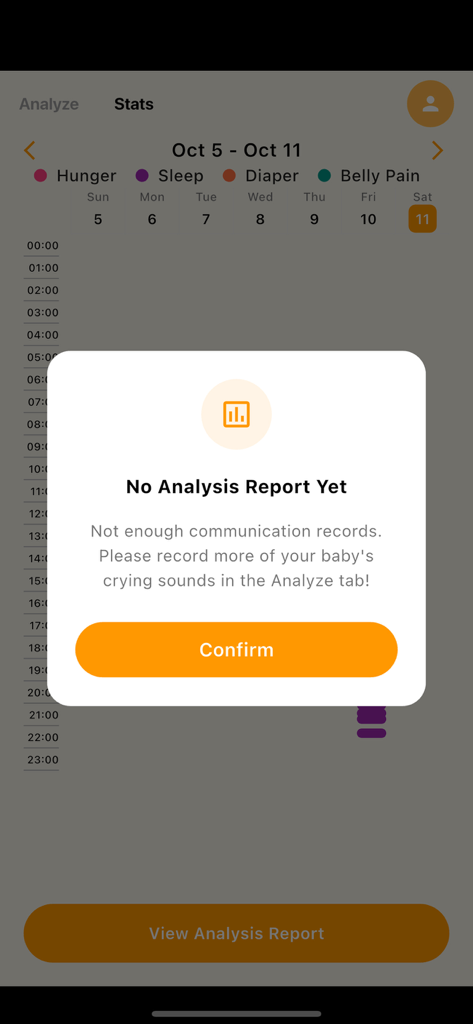 Waa Waa - Pantalla de estadísticas de la aplicación Waa Waa que muestra una notificación de que se necesitan más datos para generar un informe de análisis de llanto.