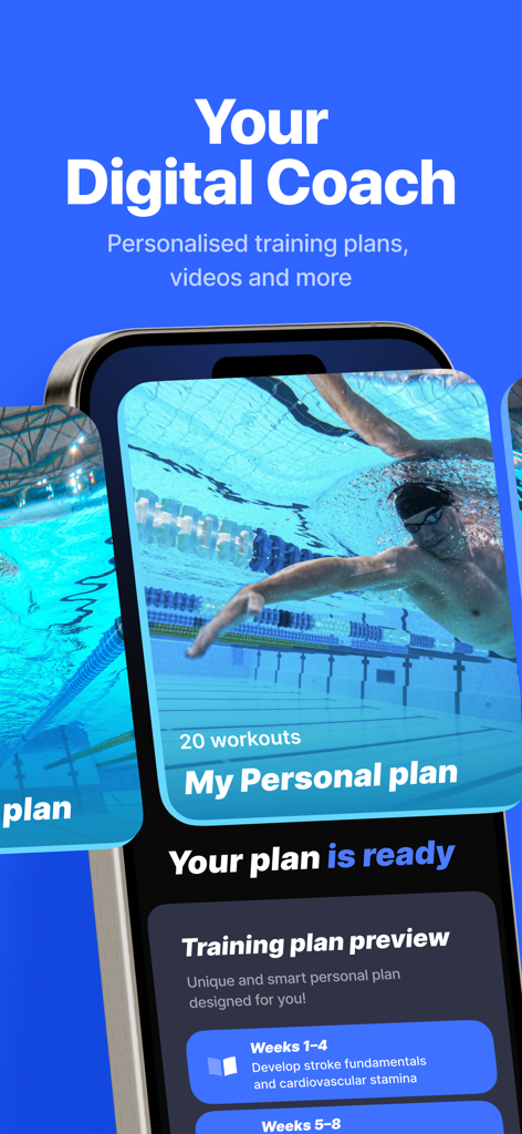 SwimUp: Swimming Workouts App - SwimUp app interface showing a digital coach personalized swimming training plan on a smartphone screen.