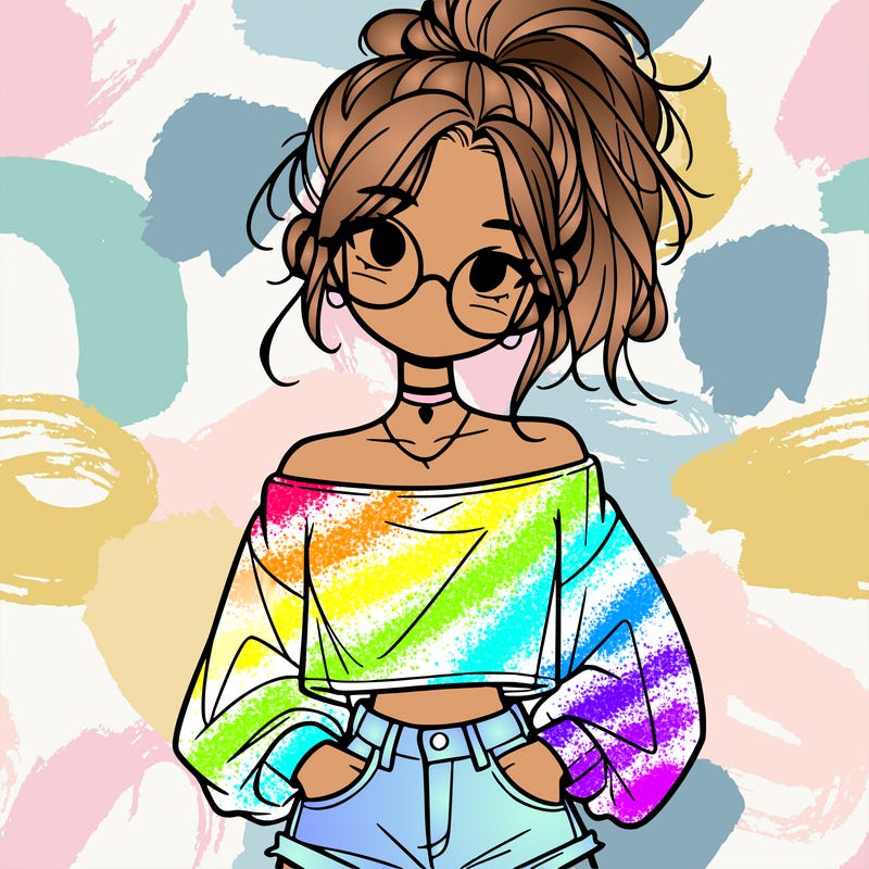 girl with a messy ponytail glasses a baggy crop top and jean shorts