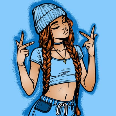 realistic teenage girl with braids and a beanie and crop top doing 🫶🏼