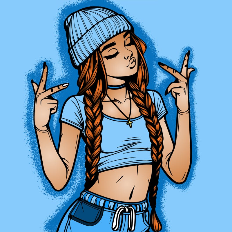 realistic teenage girl with braids and a beanie and crop top doing 🫶🏼