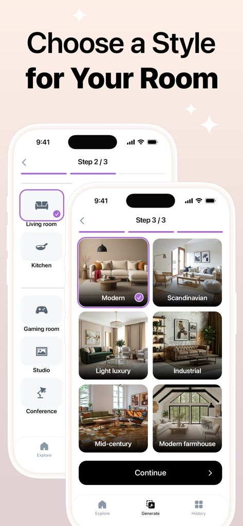 Interium - AI Home Design - Selection of interior design styles like Modern and Scandinavian in the Interium app