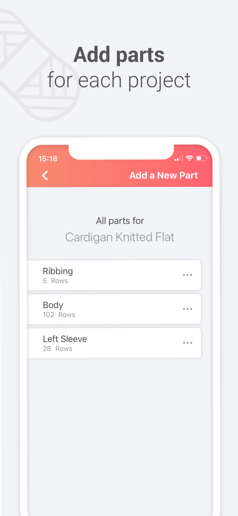 Easy Knitty app interface showing a list of knitting project parts like ribbing and sleeves with their row counts