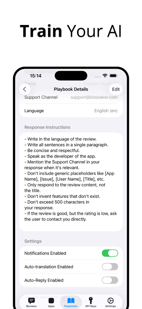 Review Agent: Reply to Apps - Screenshot of the Playbook Details screen in the Review Agent app showing AI response instructions and settings.