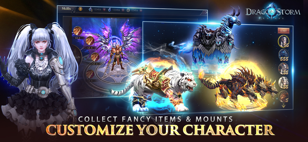 Dragon Storm Fantasy - A menu showcase for Dragon Storm Fantasy displaying character customization options including SS grade mounts wings and fancy items