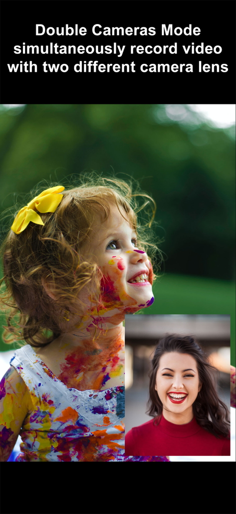 SP Camera - Interfaz de la aplicación SP Camera que muestra la grabación simultánea de vídeo con doble lente en modo imagen en imagen.