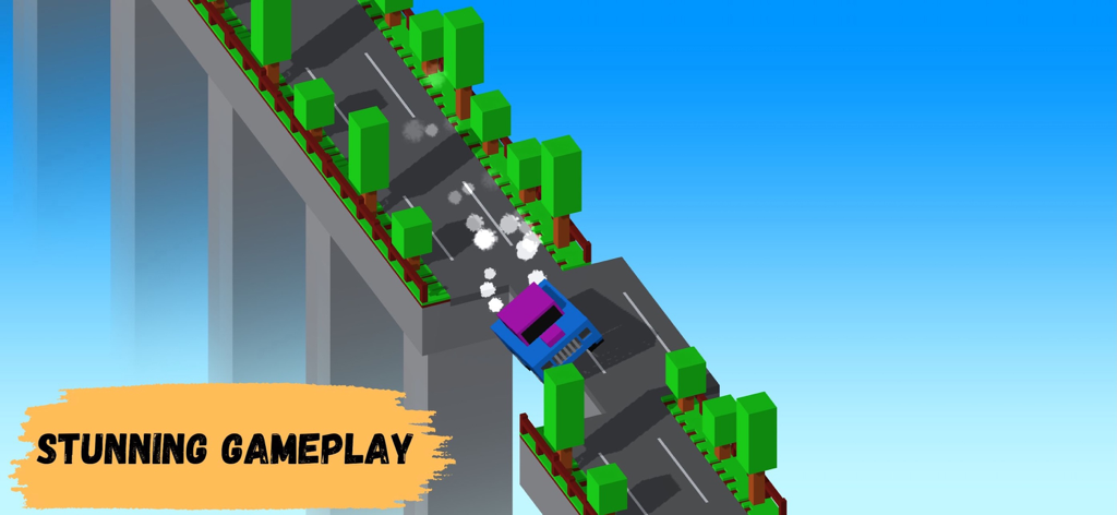 Crossy Bridge Blocky Game - A blue blocky car jumping over a bridge gap in a voxel world