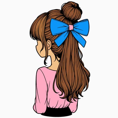 realistic girl  with hip length hair a bun and a big bow on the back of head