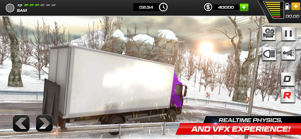 Cargo Dump Truck Driving Pro - A purple cargo truck driving on a snowy mountain road at sunset in a simulation game