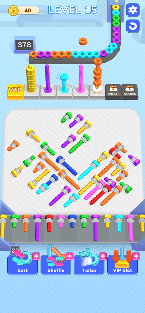 Screw Factory! - Gameplay screenshot of Screw Factory showing a colorful nut and bolt sorting puzzle on a conveyor belt