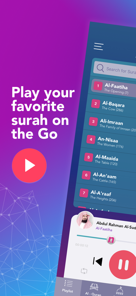 TheNoor - Azan, Quran, Qiblah - TheNoor app interface showing a list of Quran Surahs and an audio player for listening on the go.
