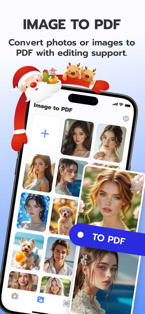 モバイルアプリインターフェース。写真や画像を、お祝いのサンタテーマでPDFファイルに変換する方法を示しています。