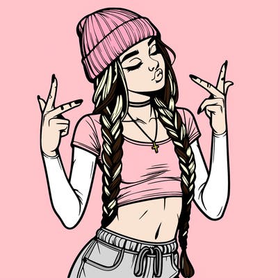 realistic teenage girl with braids and a beanie and crop top doing 🫶🏼