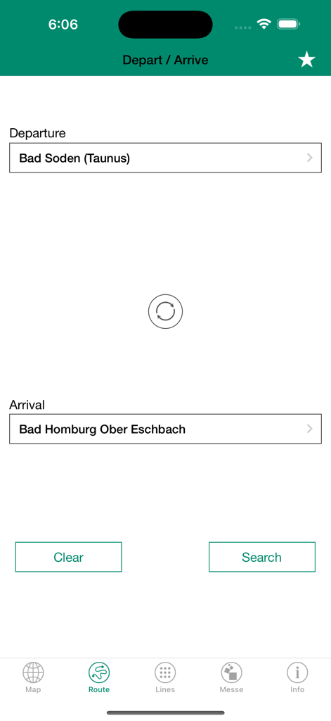 Interfaz de búsqueda de rutas de la aplicación Frankfurt S Bahn y U Bahn