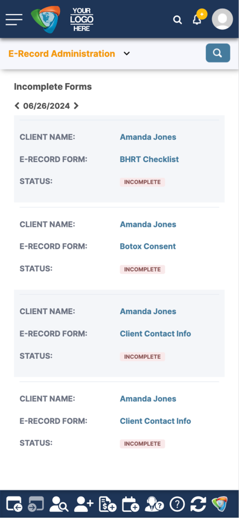 AestheticsPro - AestheticsPro mobile app dashboard showing a list of incomplete medical forms and client records
