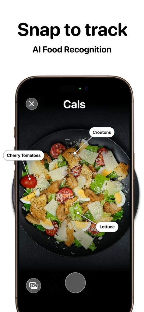 Un smartphone que muestra la interfaz de la aplicación Cals identificando ingredientes como tomates cherry y lechuga en una ensalada utilizando reconocimiento de alimentos por IA.