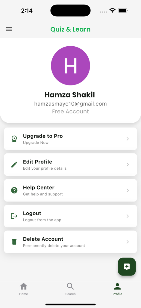 Quiz & Learn - Página de perfil de usuario de la aplicación Quiz and Learn que muestra la configuración de la cuenta y las opciones de mejora