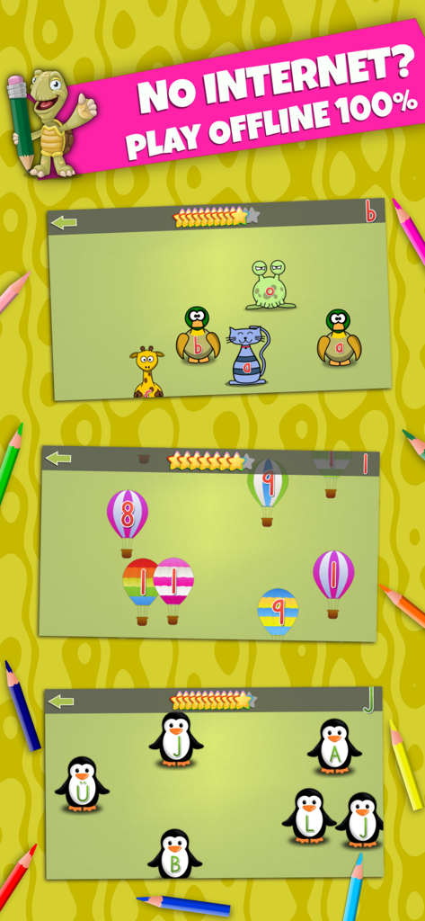 LetraKid PRO: Kids Writing ABC - Captura de pantalla de la aplicación LetraKid PRO que muestra la función de juego sin conexión con varias actividades de aprendizaje de letras y números para niños.