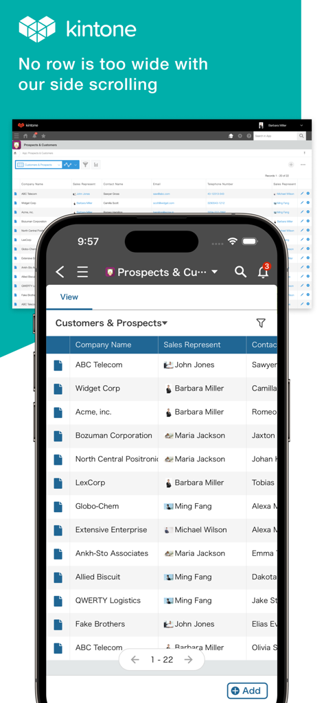 kintone - Kintone mobile app interface showing a list of customers and prospects with a side scrolling table feature